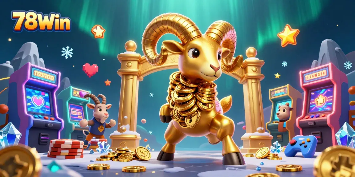Experience the excitement at 78Win with a golden ram charging through a luxurious casino world filled with vibrant gaming elements.
