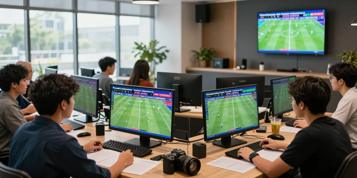 Exciting scene of sports enthusiasts analyzing Prediksi Bola Malam Ini in a modern lounge with multiple screens.