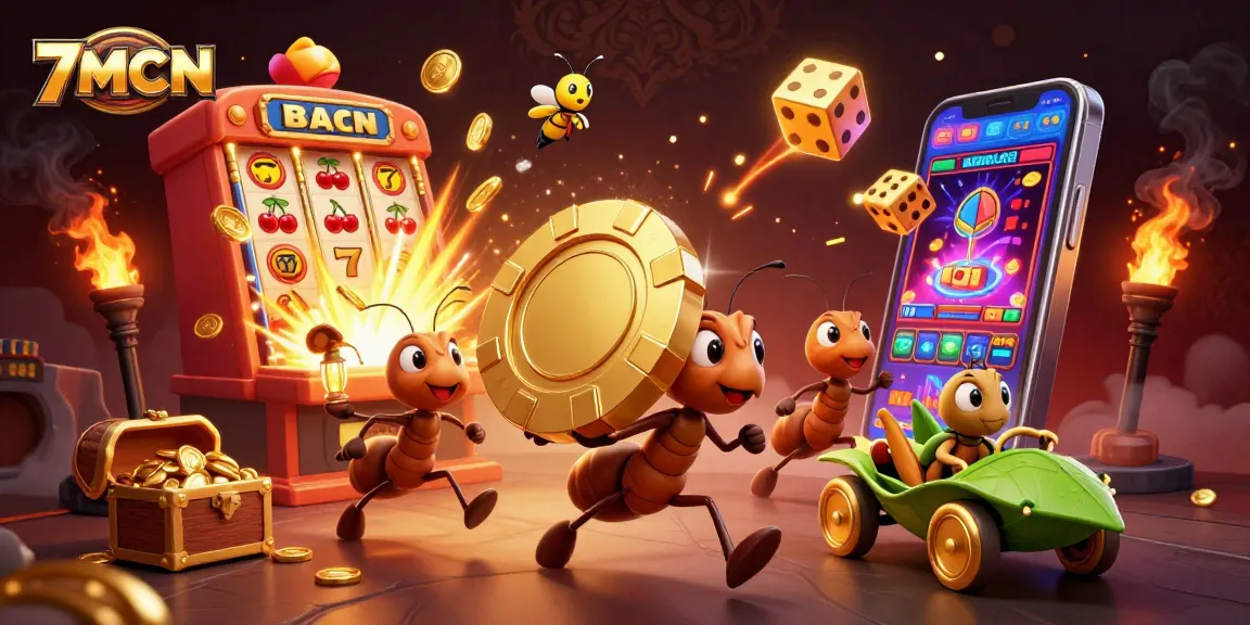 7MCN ants running a heist with golden poker chips, surrounded by dynamic casino elements.