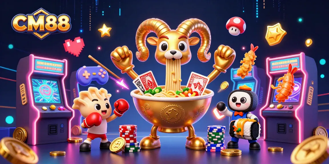 CM88 showcases a vibrant 3D gambling scene with an animated golden ramen bowl dealer, vibrant casino elements.