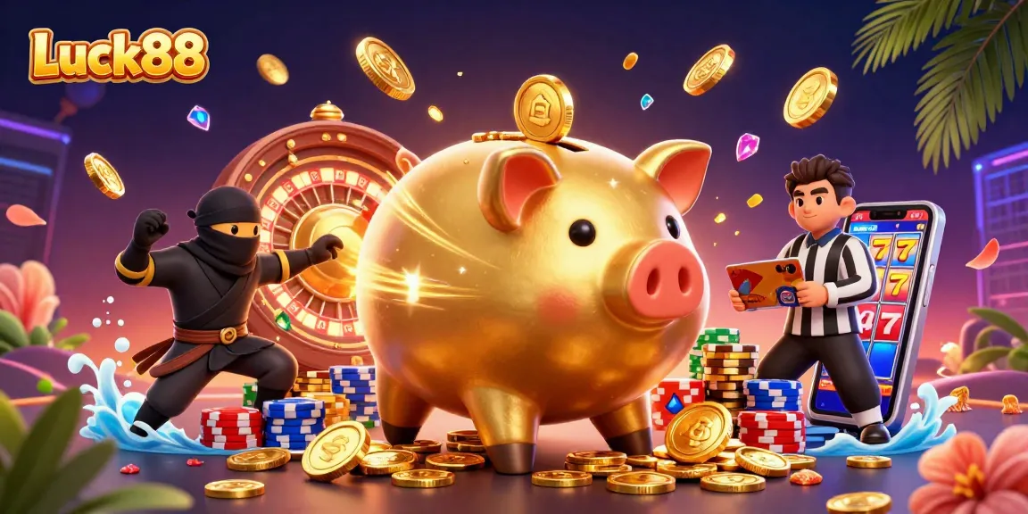 Experience thrilling Luck88 action with a dynamic scene of vibrant casino characters and elements.