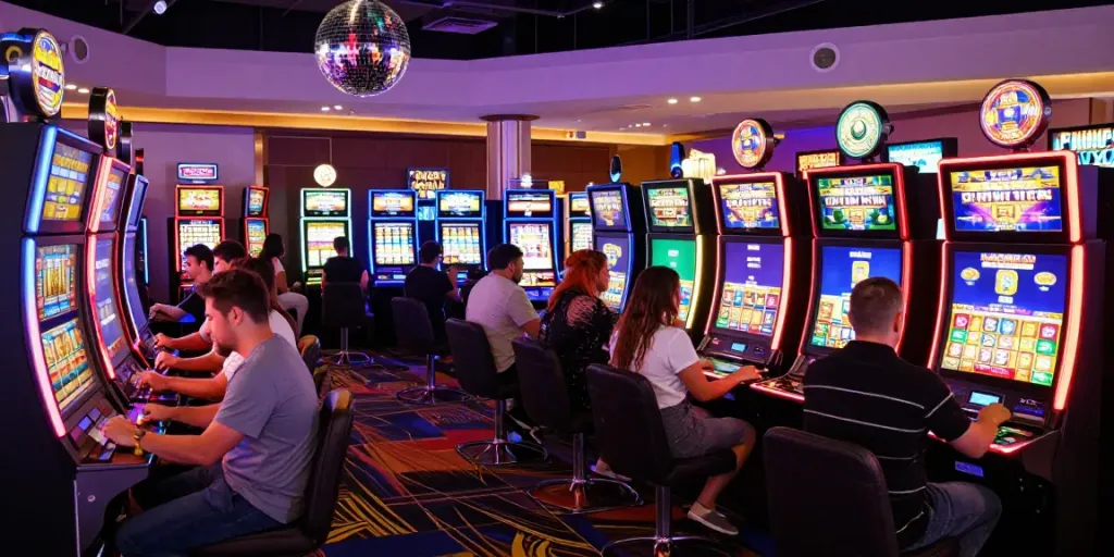 Excited players enjoying vibrant DiscoWin casino atmosphere with colorful lights and disco-themed decor.