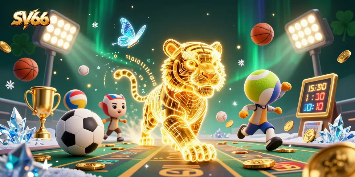 SV66's dynamic casino scene features a glowing golden tiger among sports elements, symbolizing high-stakes betting.