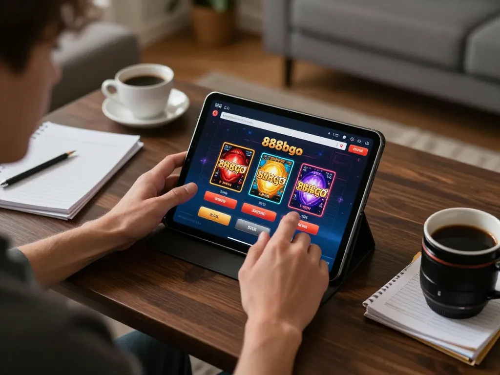 Engaged player using 888bgo online casino on tablet, enjoying a comfortable gaming session at home.