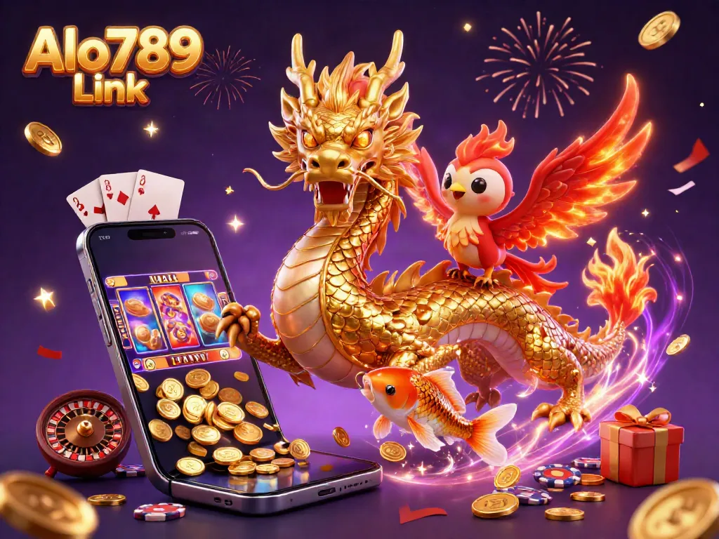 Engage with Alo789 Link by watching a golden dragon, phoenix, and koi amidst colorful casino action.