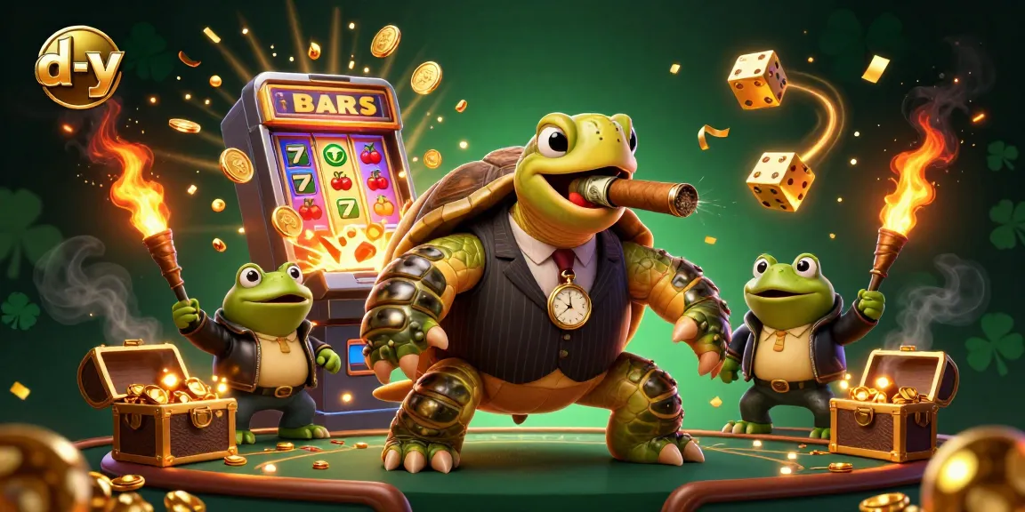 Experience exciting wins at d-y with a lively casino scene showcasing a turtle mobster and vibrant slot machine.