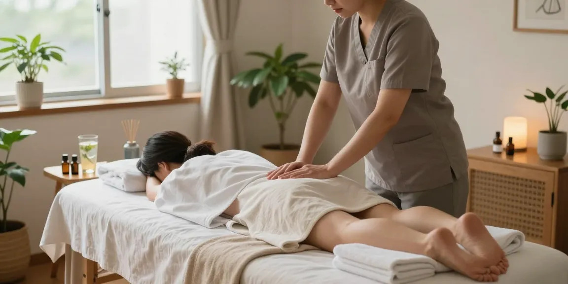 인천출장마사지로 편안한 분위기에서 마사지 받는 모습, 아로마 오일과 편안한 조명으로 기분 좋은 힐링 공간 조성