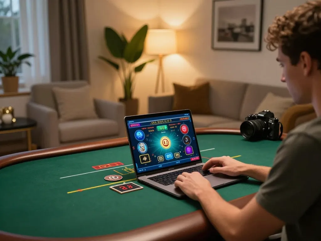 GG88 player engaged in live casino gaming on laptop in cozy home setting, showcasing strategic gameplay atmosphere.