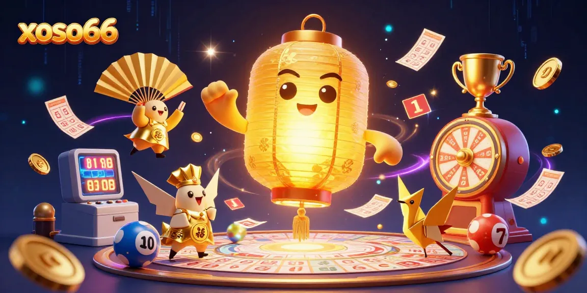 Xoso66 enhances your lottery experience with a vibrant 3D casino scene showcasing golden elements and interactive games.