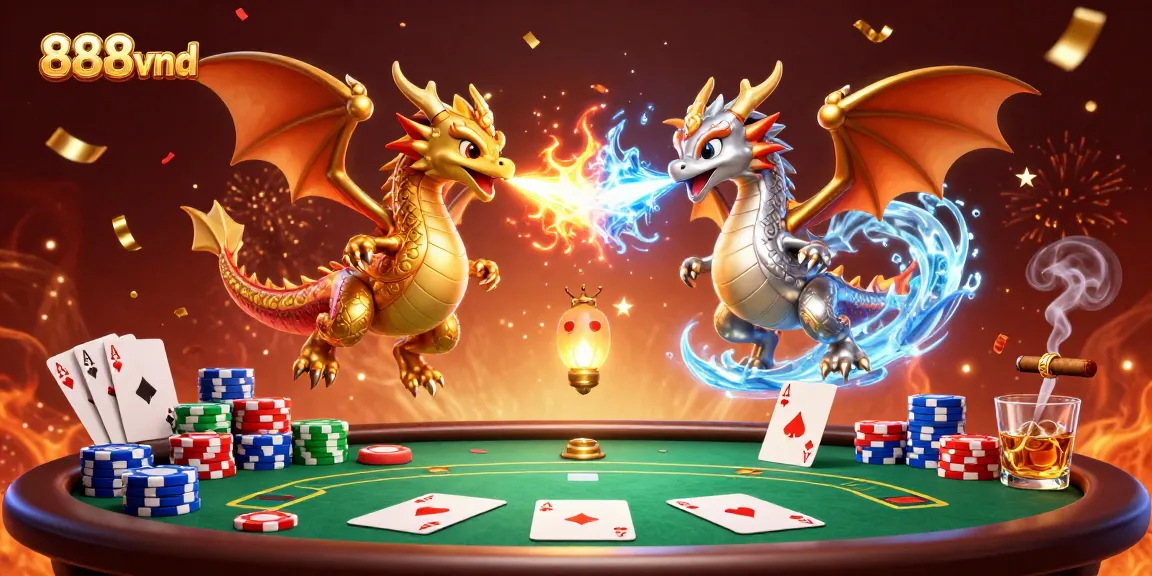 Experience thrilling gameplay at 888vnd with captivating dragons and poker elements in an enchanting casino scene.