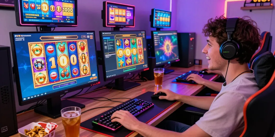 Excited player enjoying a slot deposit 1000 gaming experience at home with colorful graphics on screen.
