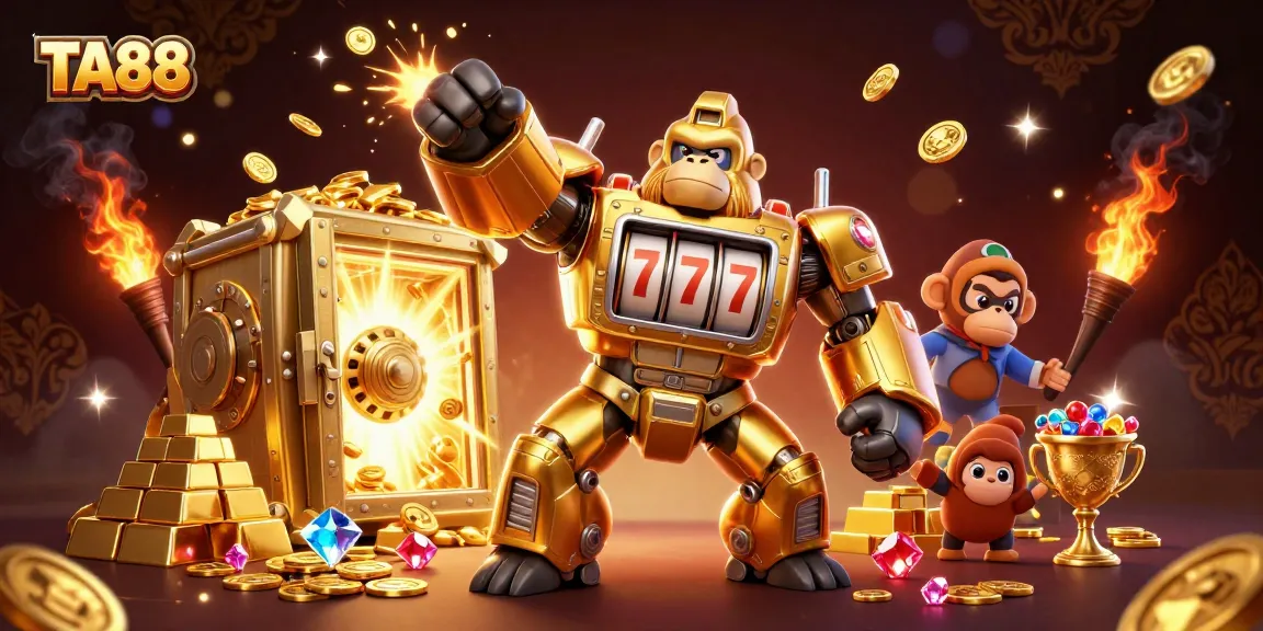 Experience thrilling wins at TA88 with our vibrant 3D slot machine-themed gorilla mech illustration.