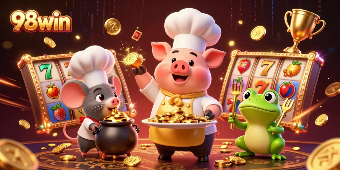 Experience thrilling slots action with 98win's captivating gold-themed illustration.