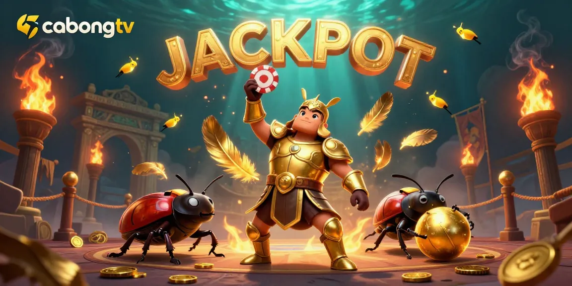 cabongtv showcases an epic scene of victory with a beetle champion and vibrant casino elements.