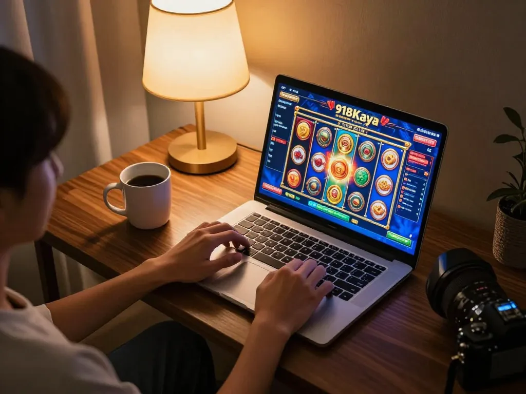Engaging in H5 browser play at home, a user interacting with 918Kaya on laptop, cozy setting enhances the experience.