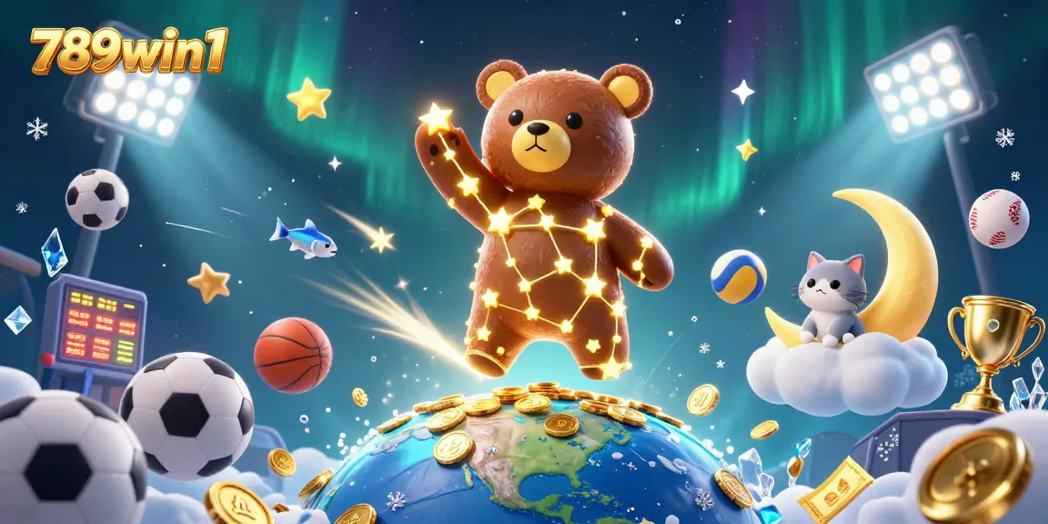 Engage with 789win1's exciting betting atmosphere, showcasing golden-star characters and dynamic sports elements.
