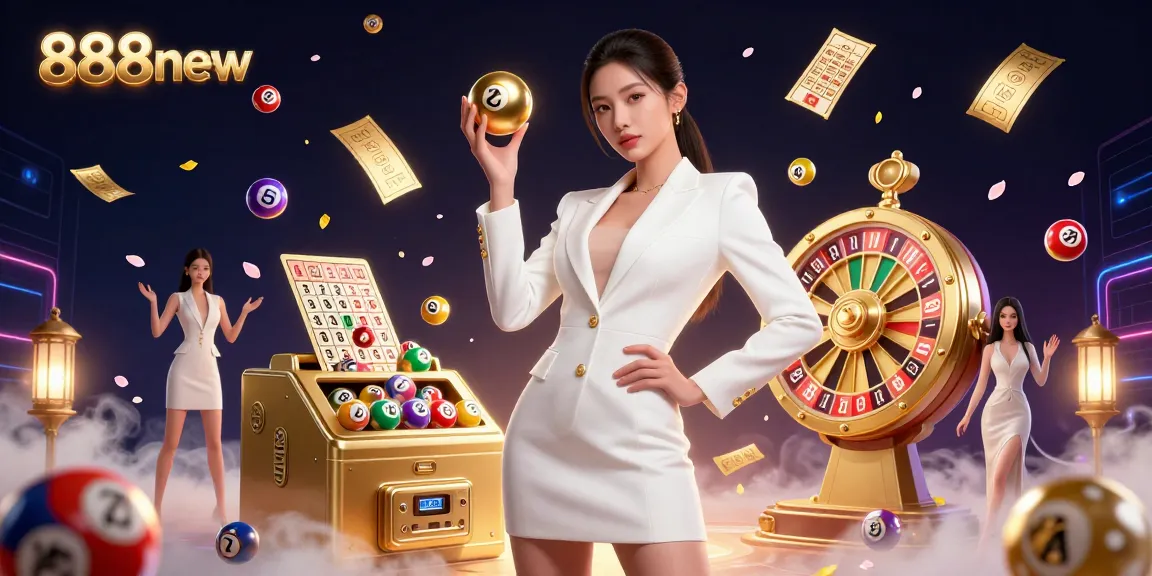 Engage with the vibrant thrills of 888new through an exciting dynamic casino illustration featuring vibrant lottery elements and a stunning Asian woman.