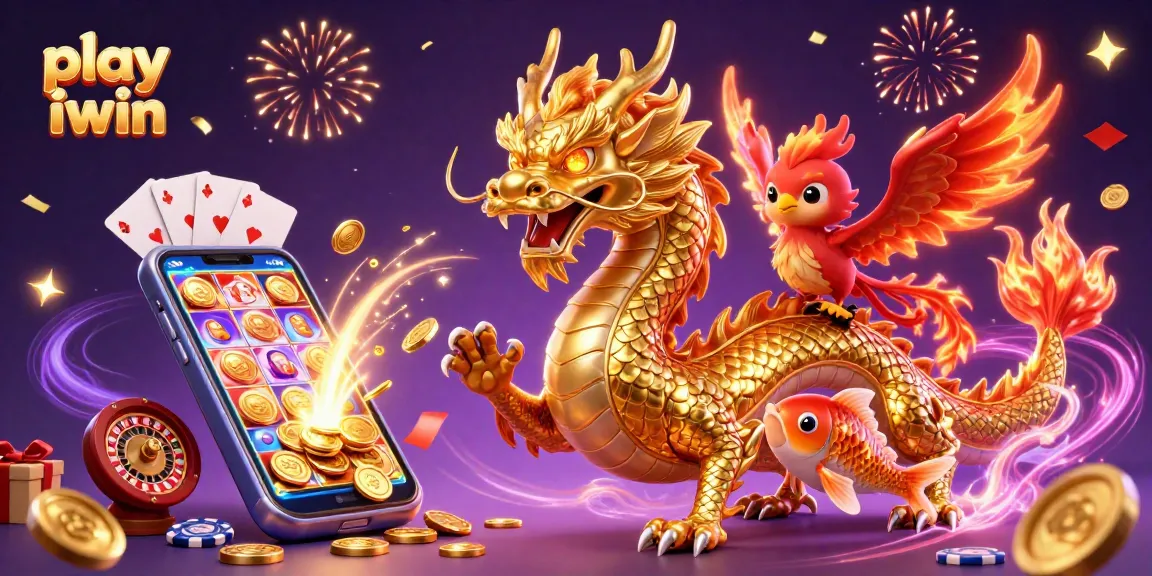 Play iwin with a golden dragon, a phoenix, and vibrant gaming elements in 3D illustration.