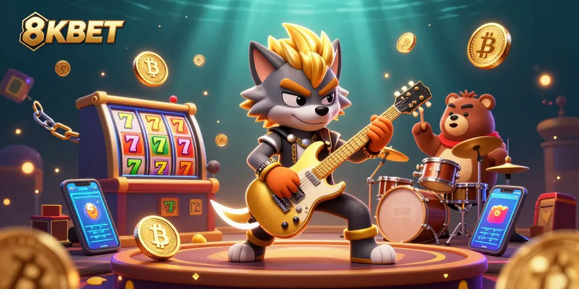 Experience the excitement of 8KBET with vibrant slot action and dynamic characters on a casino stage.