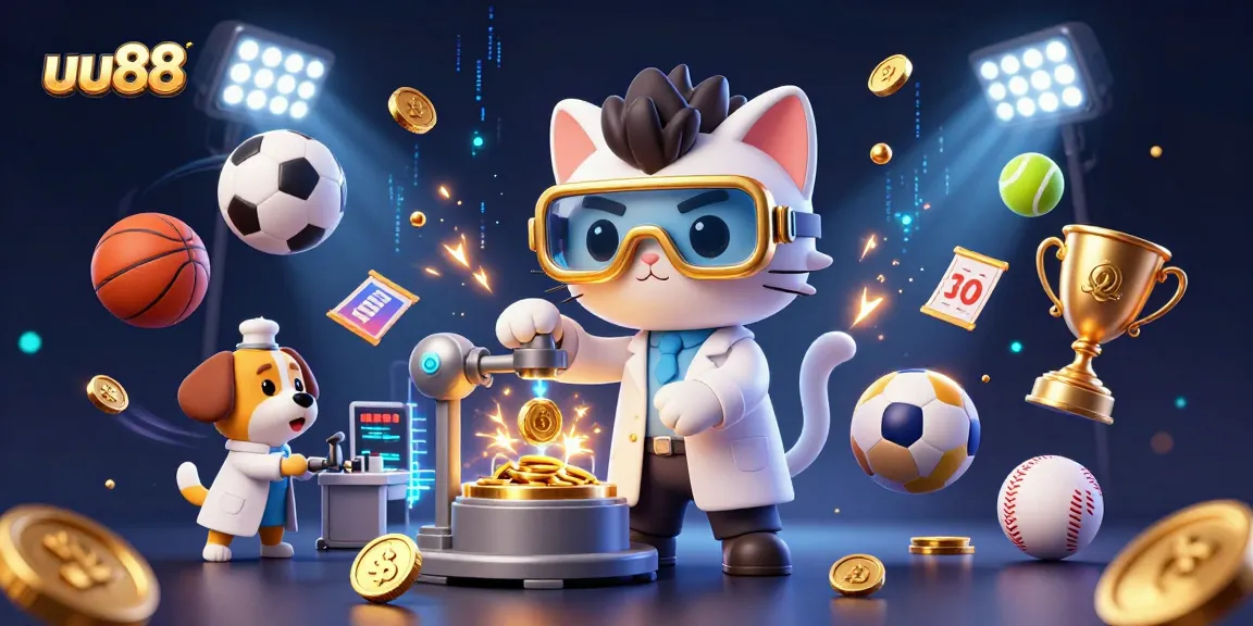 Experience the excitement of uu88 with a vibrant 3D scene featuring a mad scientist cat, flying sports balls, and thrilling game elements.