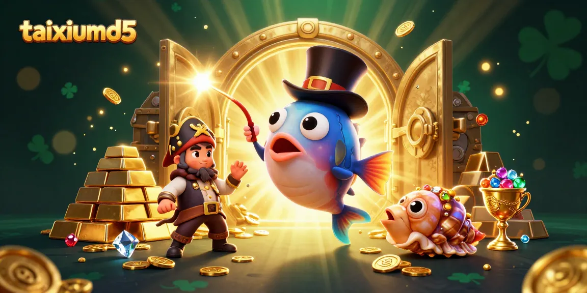 Engage with taixiumd5's thrilling gameplay, featuring an anglerfish, pirate shrimp, and gem snail in a treasure-rich scene.
