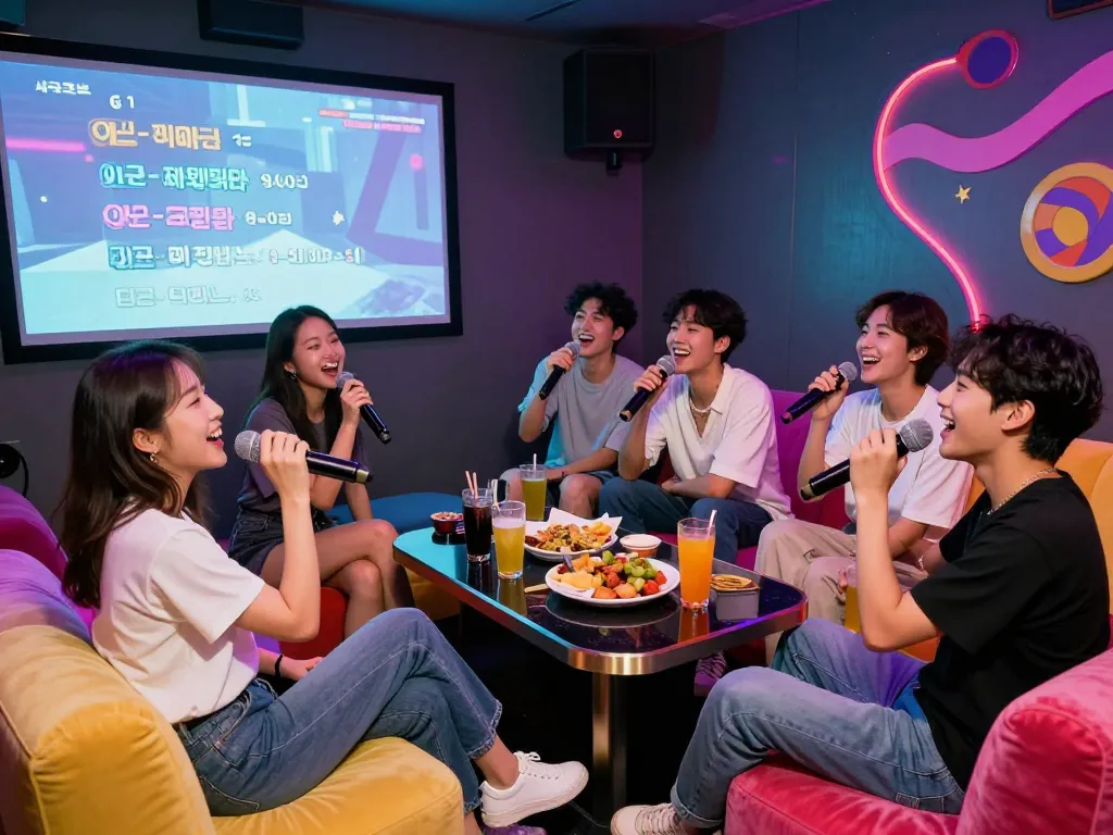 음료와 함께 활기찬 분위기 속에서 즐겁게 서구청쓰리노 노래방 경험을 만끽하는 친구들.