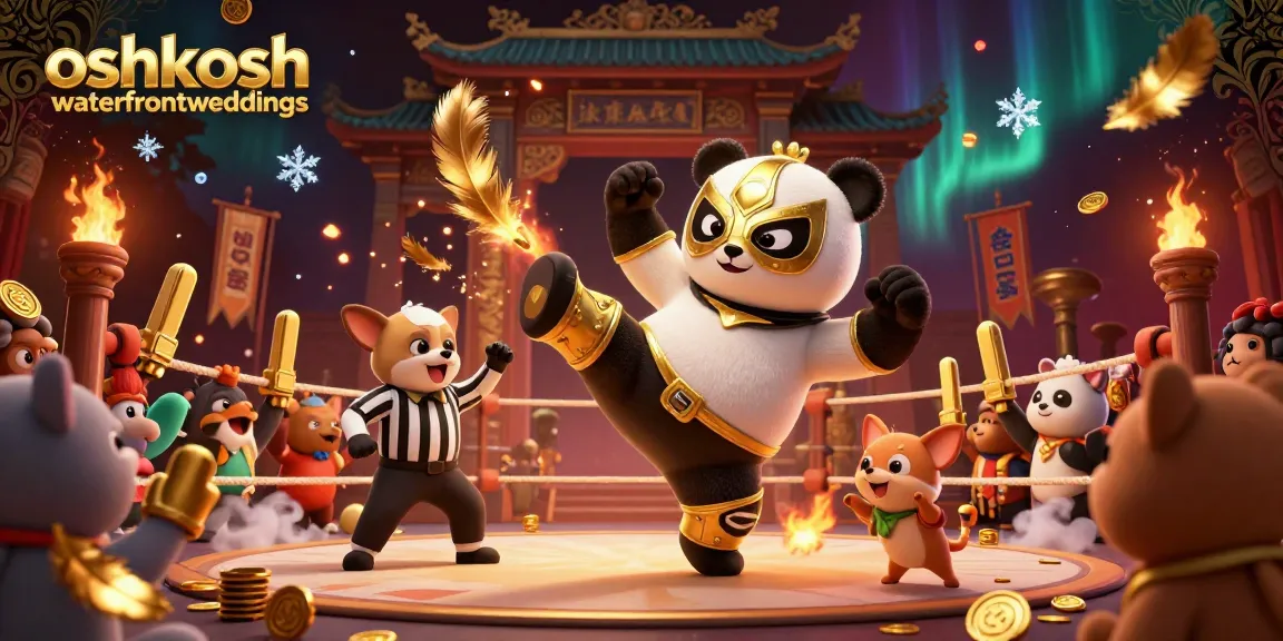 Cheer on thrilling gambling action with a cartoon panda at oshkoshwaterfrontweddings, surrounded by excited fans and gold tokens.