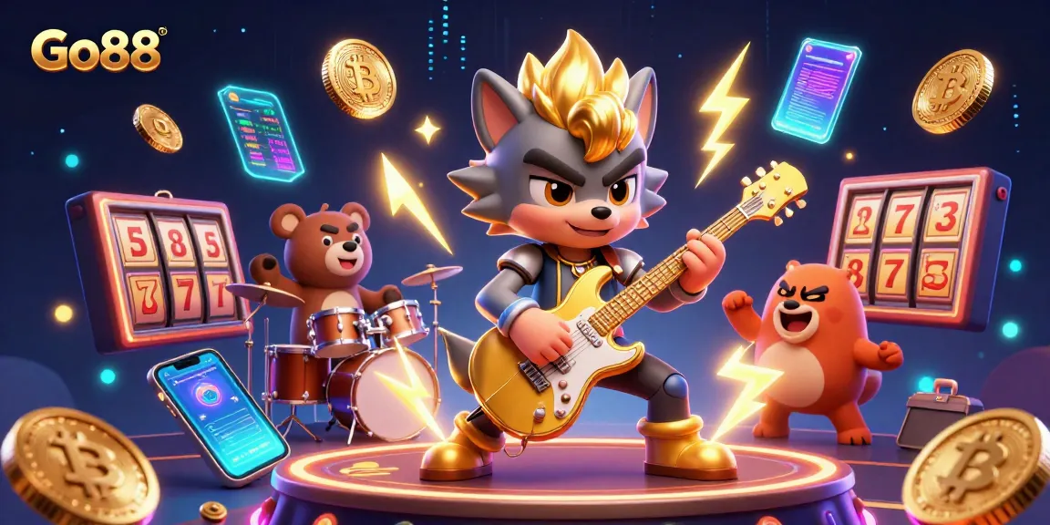 Experience Go88's dynamic casino atmosphere with a rock star wolf performing on stage amidst animated bitcoin coins.
