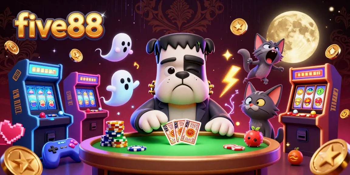Engage with five88's thrilling casino action featuring a Frankenstein bulldog dealer, spooky ambiance, and arcade games.