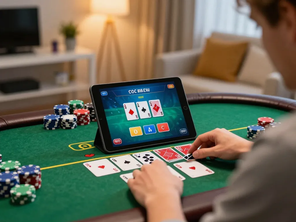 9bet player strategizing during an online poker game, surrounded by colorful chips and tablet.