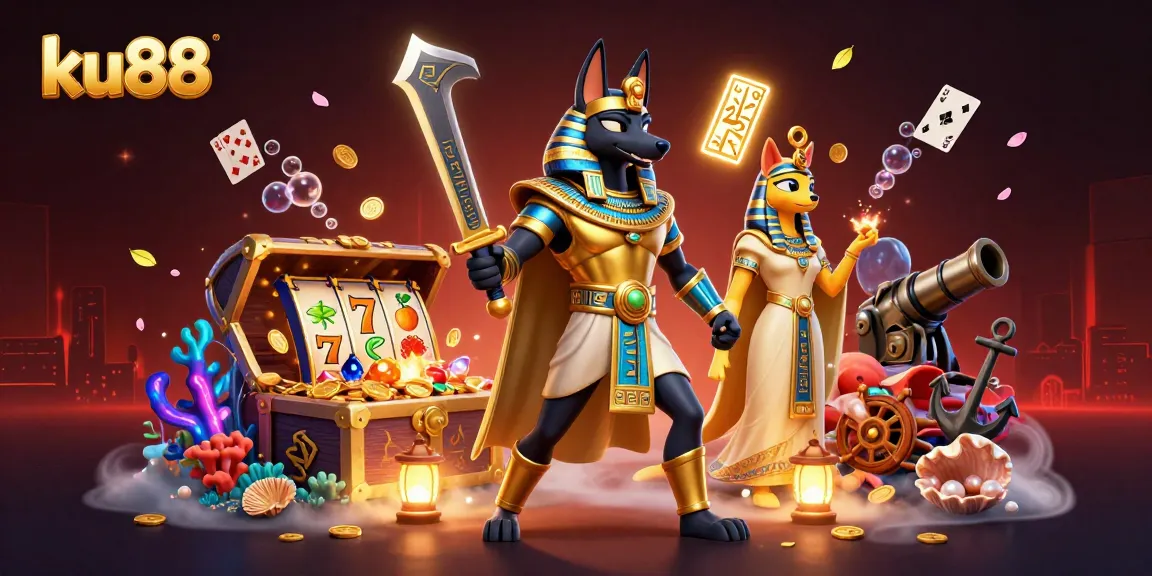 Experience the excitement of ku88 with a vibrant casino scene featuring Anubis and Bastet.