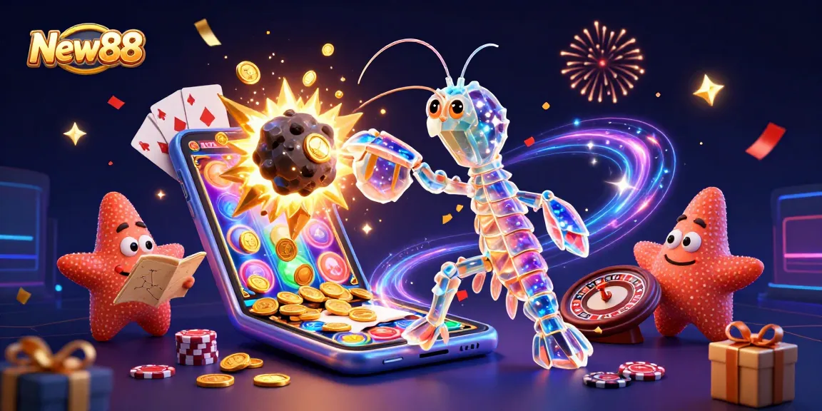 Experience the thrill of New88 with a samurai mantis shrimp amidst exciting casino elements.