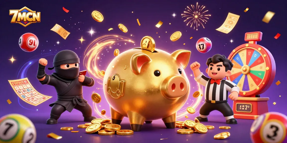 Experience dynamic excitement with 7MCN showcasing golden piggy banks and vibrant lottery elements.