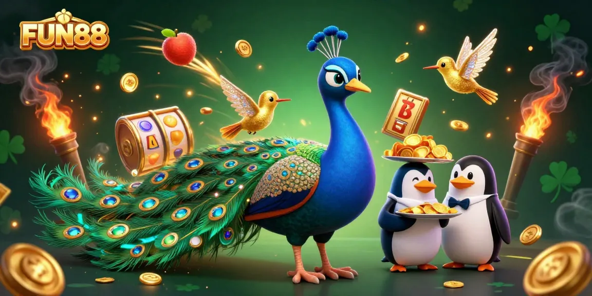 Engage in amazing FUN88 gaming with a peacock and penguin in a lively casino scene featuring vibrant slots.