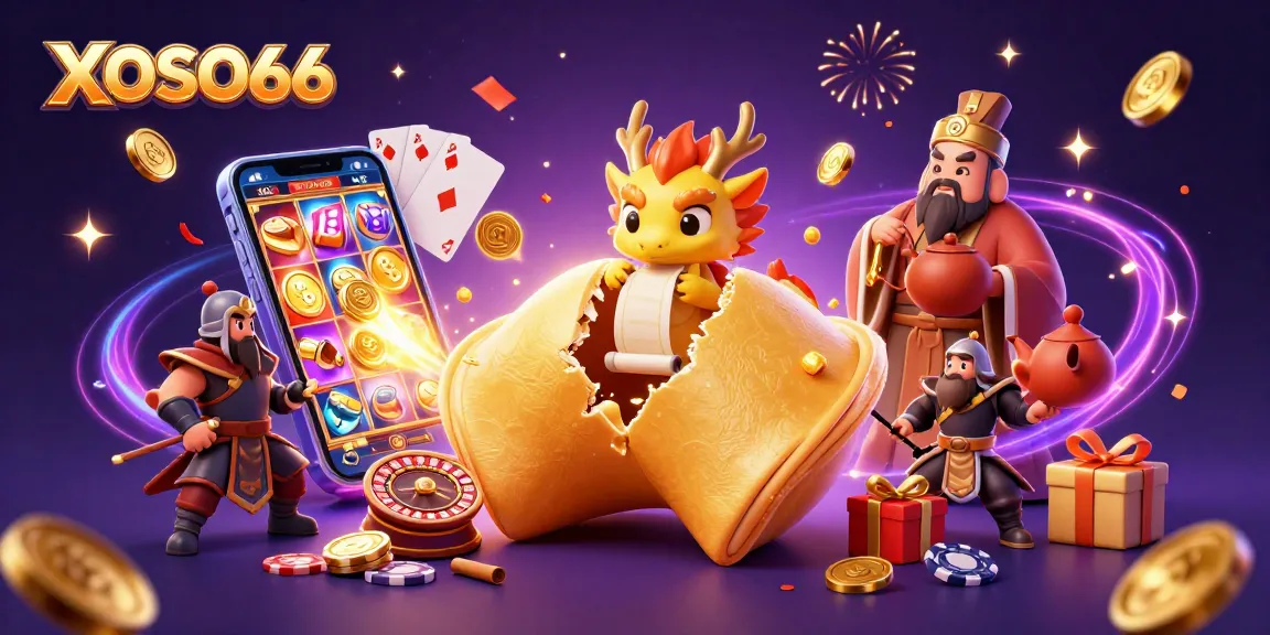 XOSO66 showcases a lively scene with a golden fortune cookie, wise dragon, and vibrant game elements, illustrating exciting online gambling.