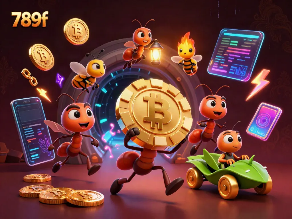 Engage with 789f through a dynamic heist illustration featuring ants, poker chips, and crypto elements.