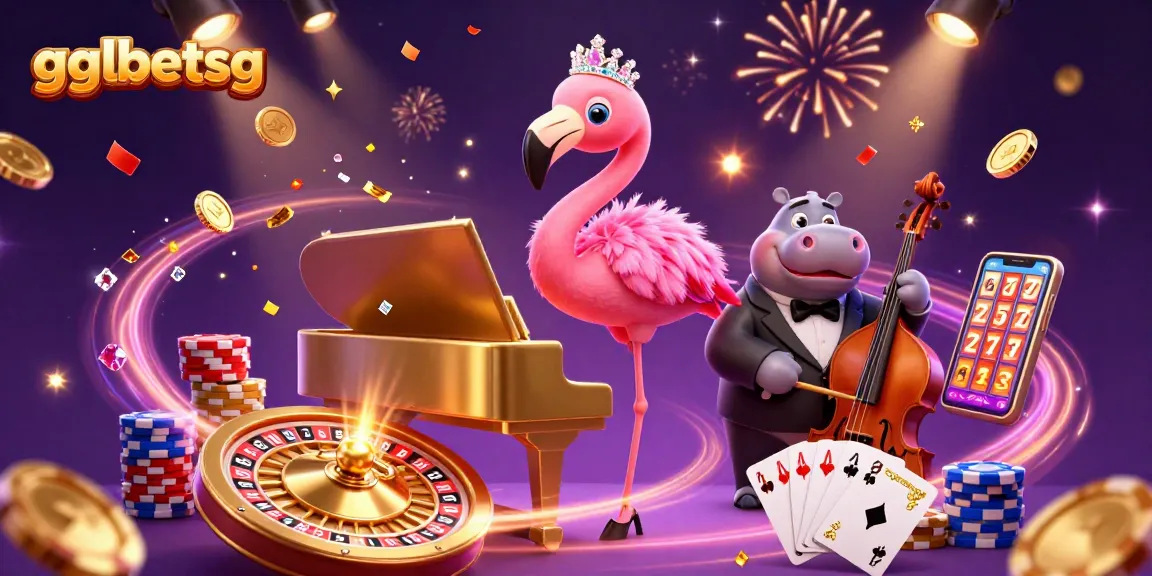 Bettors win big with gglbetsg; a lively cartoon scene of a flamingo singer and hippo bassist amid casino elements.