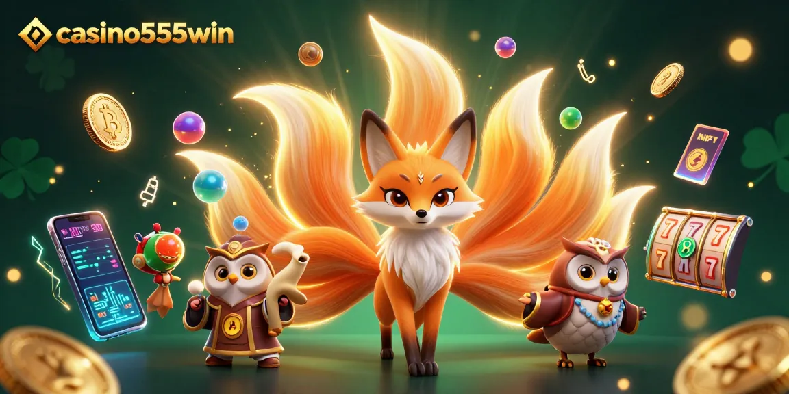 Spin to win at casino555win with vibrant characters, 3D elements of slot machines, and crypto coins.