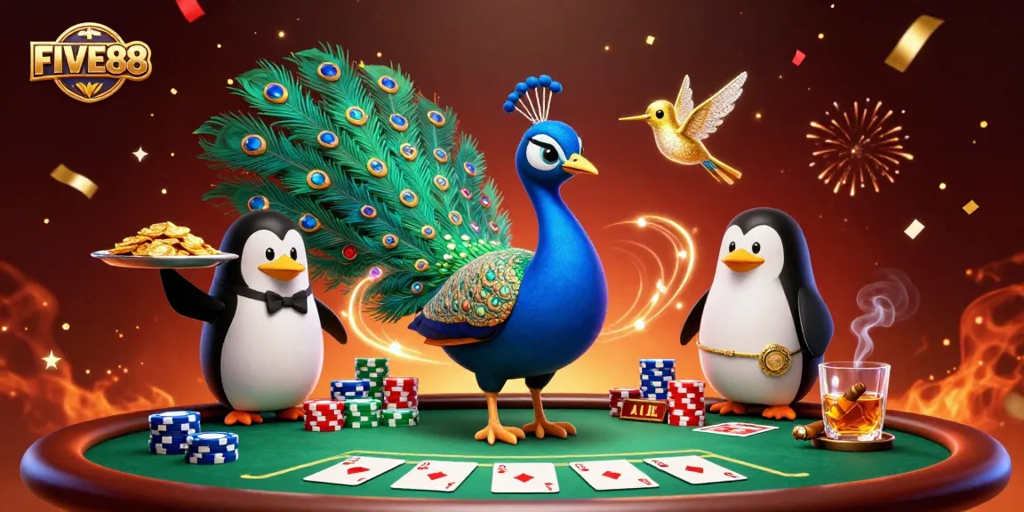 Engage in thrilling poker action at FIVE88 with vibrant casino characters showcasing chips and cards.