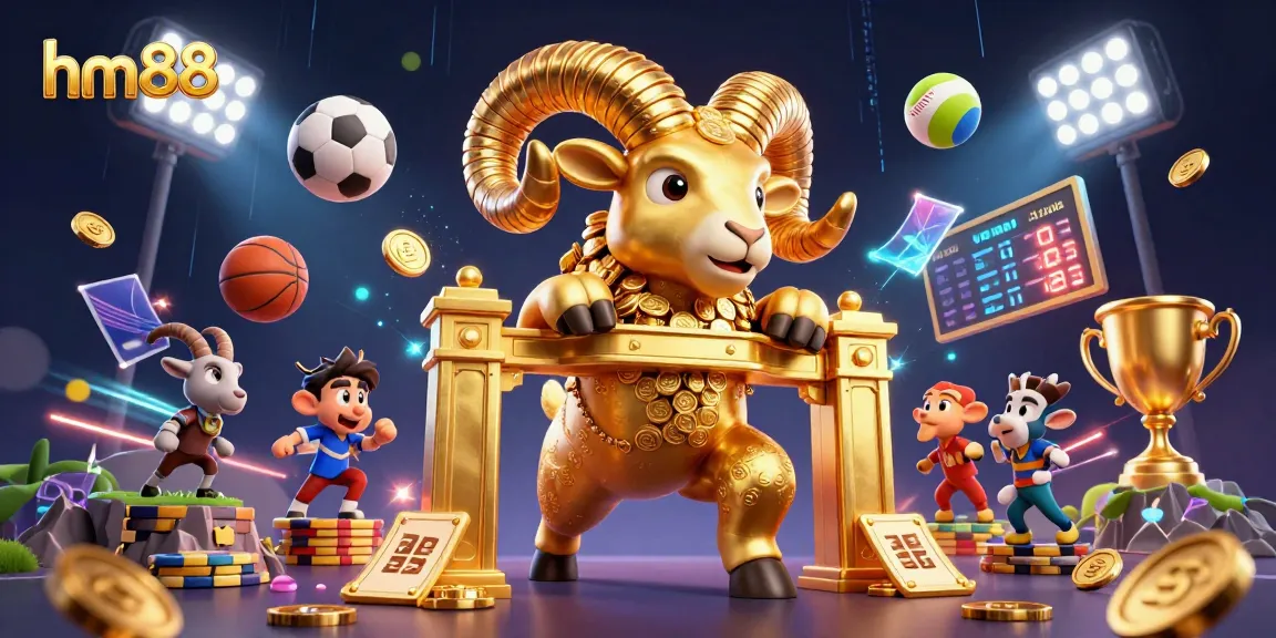 Engage with the dynamic gaming scene of hm88 featuring golden ram and sports elements in a vibrant casino atmosphere.