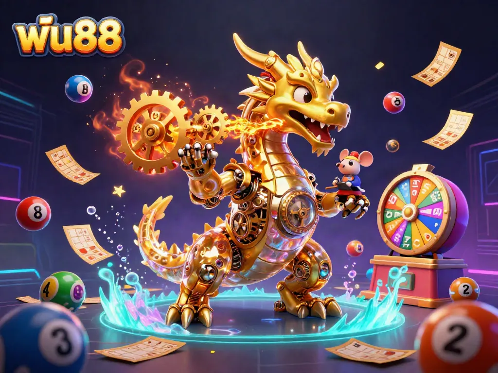 Experience thrilling fun at ฟัน88 with a vibrant scene of a golden dragon amidst dynamic lottery elements and colorful casino symbols.