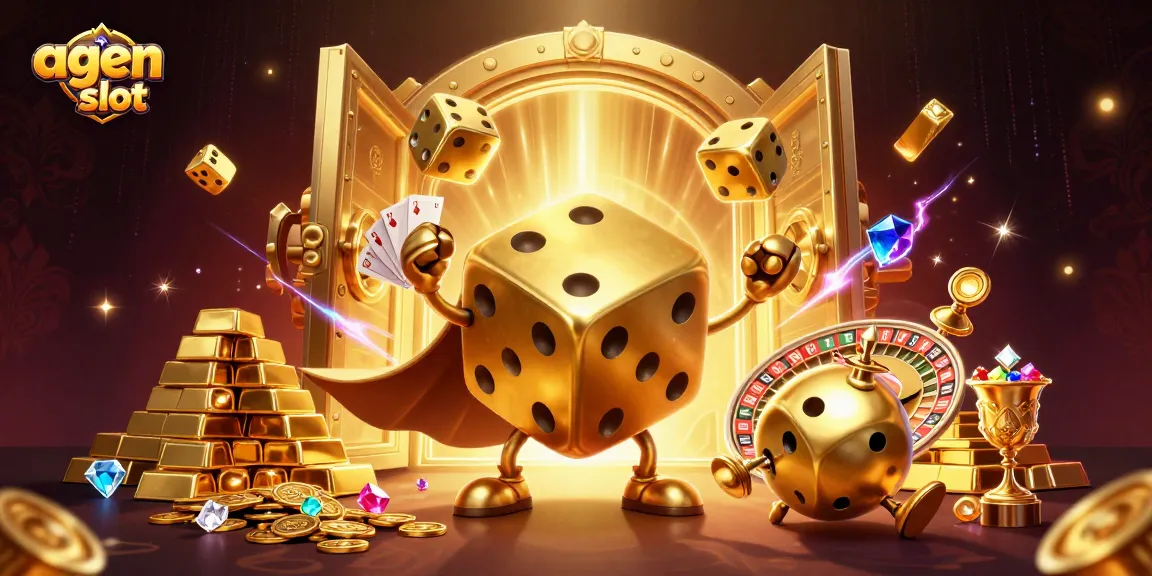 Permainan agen idn slot dengan dadu emas lucu dan harta karun berkilauan.