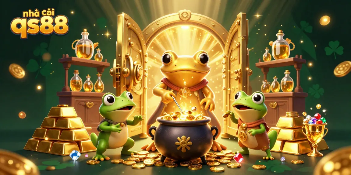 Engage with nhà cái qs88 through this vibrant 3D cartoon scene showcasing a golden alchemist and treasure.