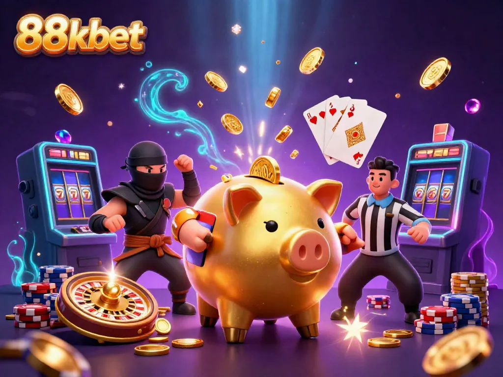 Experience the thrill of 88kbet with dynamic gaming elements like golden coins and a spinning roulette.