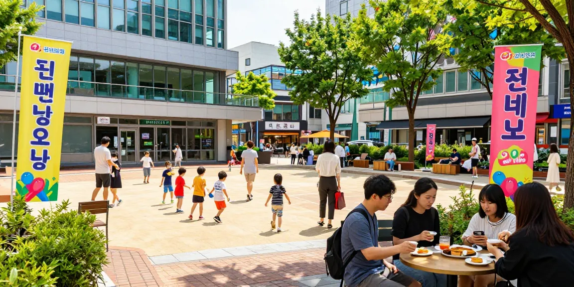 A lively community scene in 상봉동 한국관 with families enjoying outdoor activities and local events.