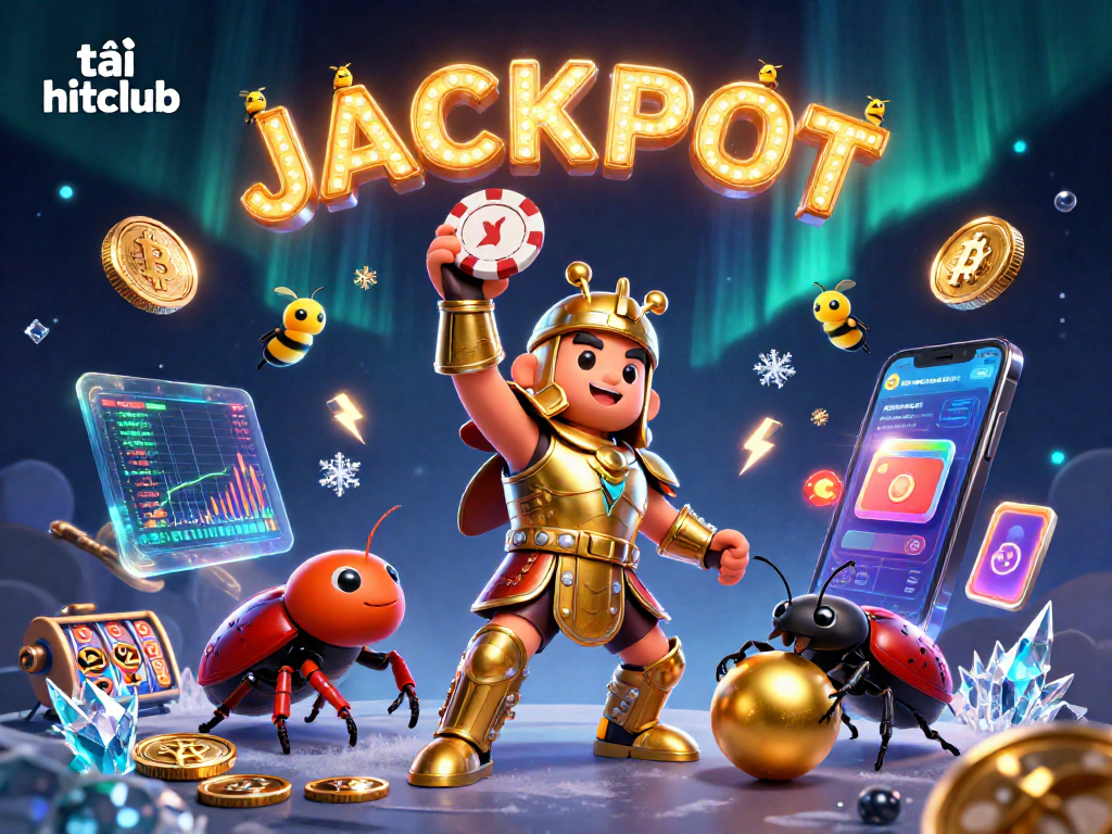 Engage with the thrill of tải hitclub, showcasing a victorious cartoon beetle amid casino elements and vibrant crypto graphics.