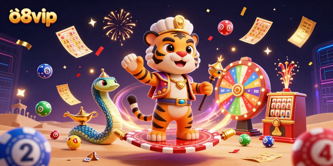 Experience the thrill of o8vip with a vibrant casino atmosphere featuring a whimsical tiger sultan and dynamic lottery elements.