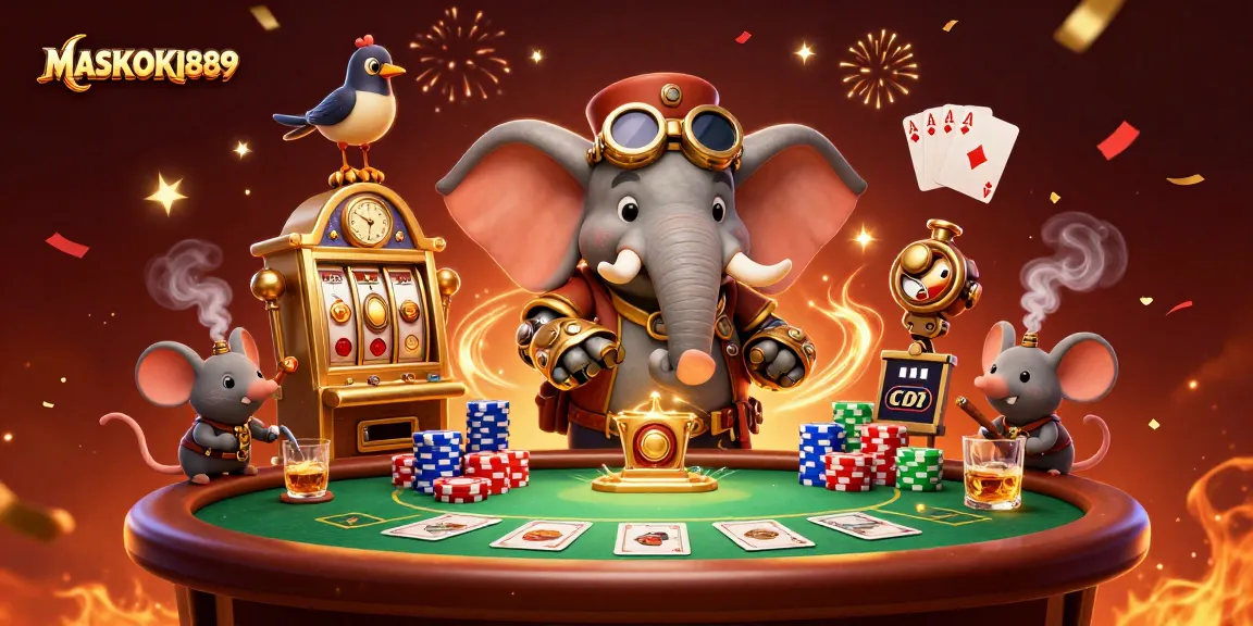 Experience winning with MASKOKI889 as the steampunk elephant operates a golden slot machine.