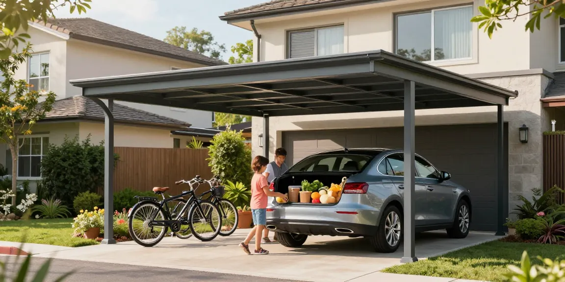 Moderne Carport-Installation schützt Fahrzeuge und Fahrräder im Garten.