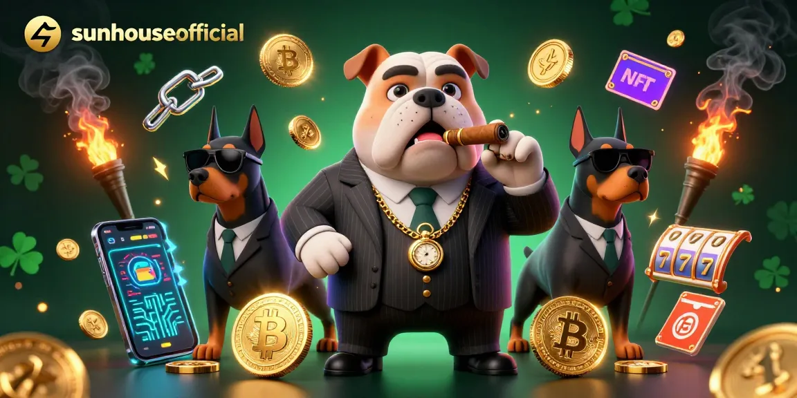 Engage with sunhouseofficial's thrilling gaming experience featuring a mafia bulldog and slot elements.
